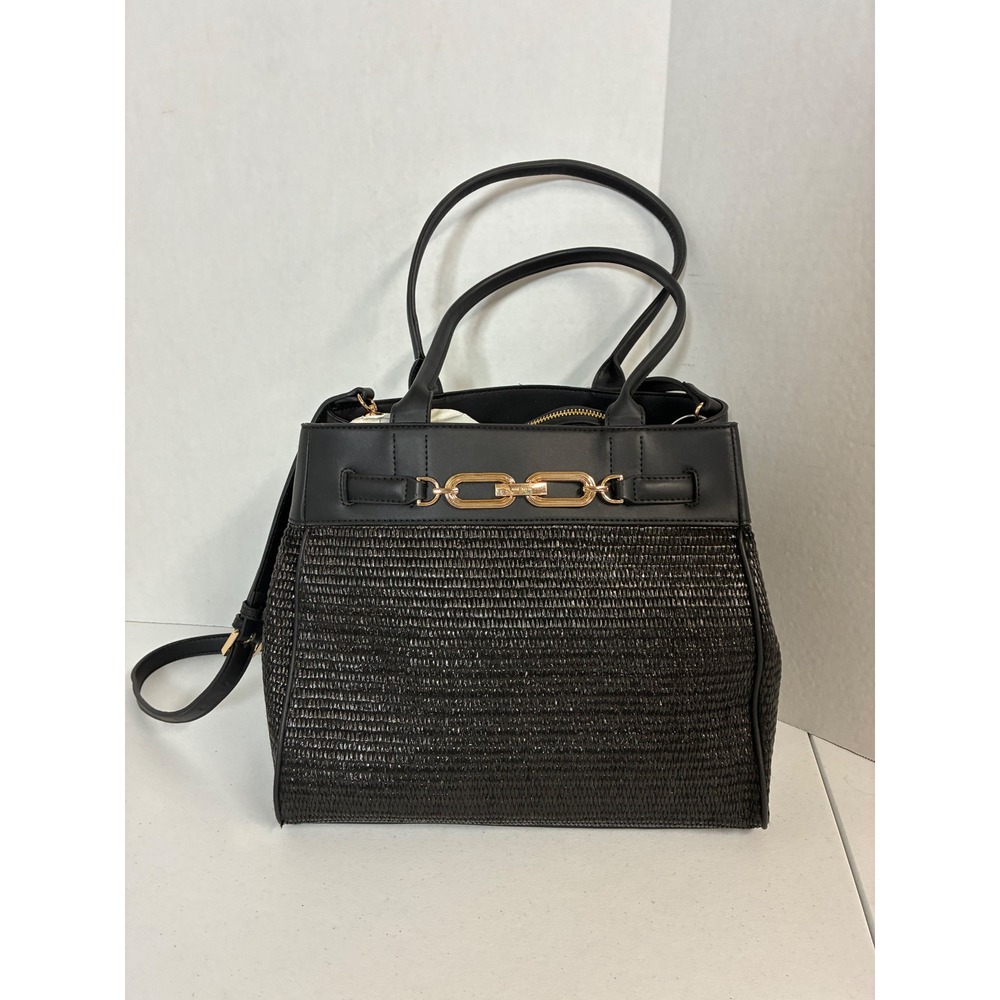 Anne Klein Black Woven Straw Satchel Handbag with Chain Detail and Pouch NWT
